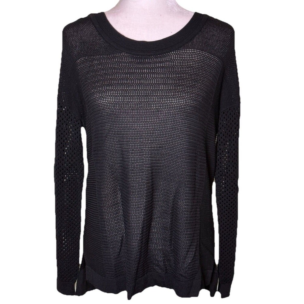 Women Black Open Knit Sweater Strappy Back Lightweight Long Sleeve Top Size Med